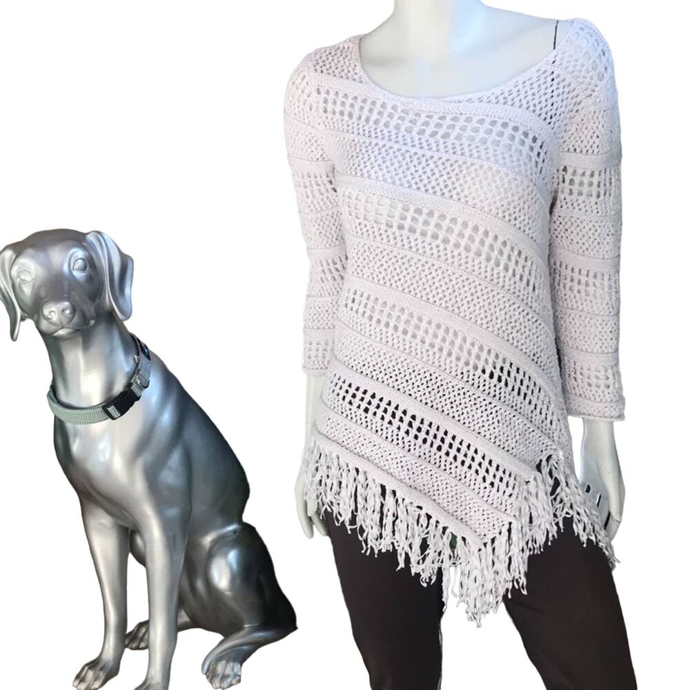 Curio New York White Fringe Knit Asymmetrical 3/4 Sleeve Top Women's Size Large